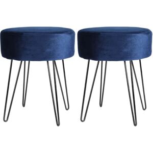 Harbour Housewares 2x Blue/Black Velvet Footstools Ottoman - Footstool Harbour Housewares 2x Blue/Black Velvet Footstools Ottoman - Footstool