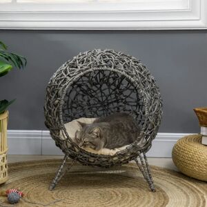 PawHut Grey Elevated Cat Bed - Rattan Pet House & Cushion PawHut Grey Elevated Cat Bed - Rattan Pet House & Cushion