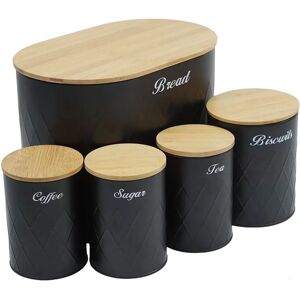 Gr8 Home Black 5 Pcs Tea Coffee Sugar Jars Bread Biscuit Kitchen Canisters Set Bamboo Lid - Kitchen Canisters Set Gr8 Home Black 5 Pcs Tea Coffee Sugar Jars Bread Biscuit Kitchen Canisters Set Bamboo Lid - Kitchen Canisters Set