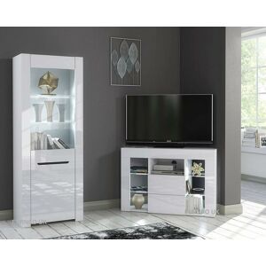 Furneo - Gloss & Matt White Living Room Set Corner TV Stand - LED Lights - TV Stand Furneo - Gloss & Matt White Living Room Set Corner TV Stand - LED Lights - TV Stand