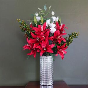 Leaf 80cm Artificial Flower Arrangement - Red Lily, White Rose, Vase Leaf 80cm Artificial Flower Arrangement - Red Lily, White Rose, Vase