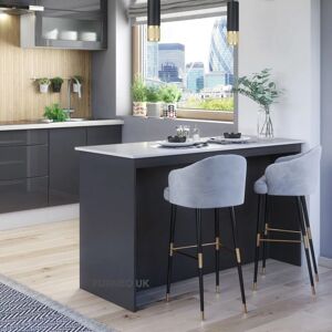 Furneo Kitchen Island - Graphite & Marble Effect - Modern Breakfast Bar Shelves - KI02 Furneo Kitchen Island - Graphite & Marble Effect - Modern Breakfast Bar Shelves - KI02