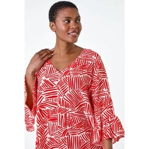 Roman Orange Abstract Print V-Neck Frill Top - Top Roman Orange Abstract Print V-Neck Frill Top - Top