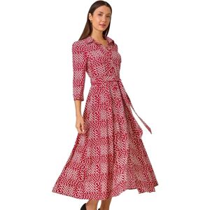 Roman Red Geometric Midi Dress - Stretch, Flared, Pockets Roman Red Geometric Midi Dress - Stretch, Flared, Pockets