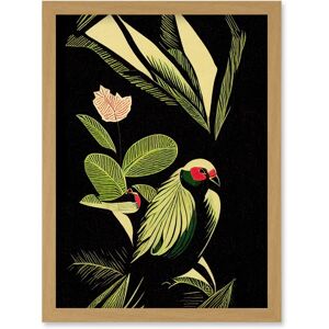 Artery8 - Green Black Modern Vintage Tropical Plant Leaves with Bird Artwork - A4 - Light Oak - Wall Art Print Artery8 - Green Black Modern Vintage Tropical Plant Leaves with Bird Artwork - A4 - Light Oak - Wall Art Print