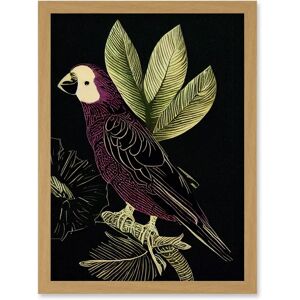 Artery8 Parrot Leaves Tree Branch on Black Vintage Linocut Illustration - Burgundy - A4 - Light Oak - Art Print Artery8 Parrot Leaves Tree Branch on Black Vintage Linocut Illustration - Burgundy - A4 - Light Oak - Art Print