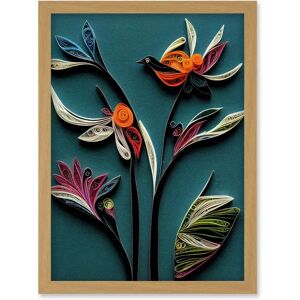 Artery8 Bird on Flower Leaves Blue Orange Teal - Wall Art Artery8 Bird on Flower Leaves Blue Orange Teal - Wall Art