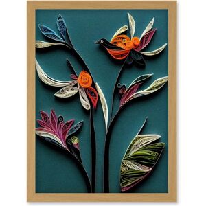 Artery8 Bird on Flower Leaves Blue Orange Teal - Wall Art Artery8 Bird on Flower Leaves Blue Orange Teal - Wall Art
