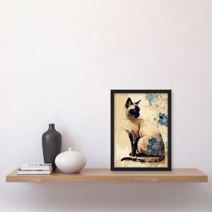 Artery8 - Siamese Cat with Blue Flowers - Black - A4 - Wall Art Artery8 - Siamese Cat with Blue Flowers - Black - A4 - Wall Art