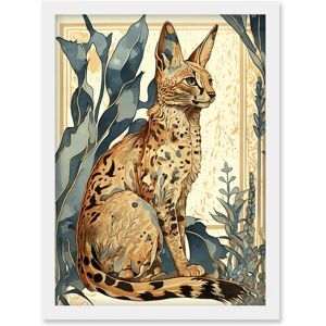 Artery8 Serval Cat with Teal Plants Watercolour Portrait - A4 - Framed - Art Print Artery8 Serval Cat with Teal Plants Watercolour Portrait - A4 - Framed - Art Print