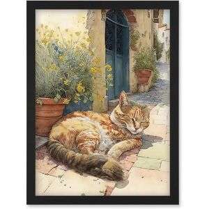 Artery8 - Cat Sunbathing in Mediterranean Village Street - A4 - Black - Framed - Wall Art Print Artery8 - Cat Sunbathing in Mediterranean Village Street - A4 - Black - Framed - Wall Art Print