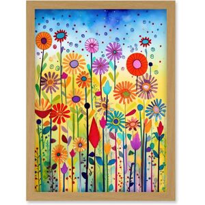 Artery8 - Tall Folk Art Flowers - Oak Frame - A4 - Wall Art Artery8 - Tall Folk Art Flowers - Oak Frame - A4 - Wall Art