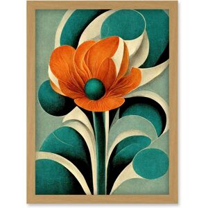 Artery8 - Art Deco Poppy Flower - Teal Orange Cream - A4 - Light Oak Frame - Wall Art Print Artery8 - Art Deco Poppy Flower - Teal Orange Cream - A4 - Light Oak Frame - Wall Art Print