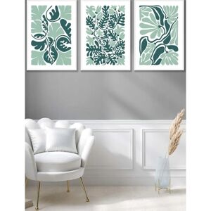 ARTZE - Boho Abstract Green White Floral - Set of 3 - White Framed - Wall Art ARTZE - Boho Abstract Green White Floral - Set of 3 - White Framed - Wall Art