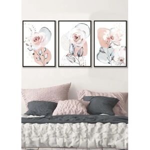 ARTZE - Abstract Blush Pink Botanical - Black Frame - 3-Piece Set - Wall Art ARTZE - Abstract Blush Pink Botanical - Black Frame - 3-Piece Set - Wall Art