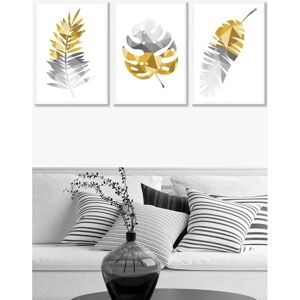 ARTZE - Geometric Tropical Leaves - Yellow Grey - Framed Wall Art - Large ARTZE - Geometric Tropical Leaves - Yellow Grey - Framed Wall Art - Large