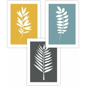 ARTZE - Graphical Leaves Set - Yellow Grey Blue - Posters ARTZE - Graphical Leaves Set - Yellow Grey Blue - Posters