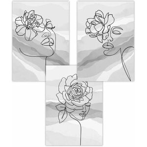 ARTZE - Female Line Art Floral Faces on Grey - Set of 3 - Art Posters ARTZE - Female Line Art Floral Faces on Grey - Set of 3 - Art Posters