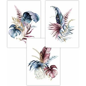 ARTZE - Blue Pink and Gold Botanical Leaves - Set of 3 - Poster ARTZE - Blue Pink and Gold Botanical Leaves - Set of 3 - Poster