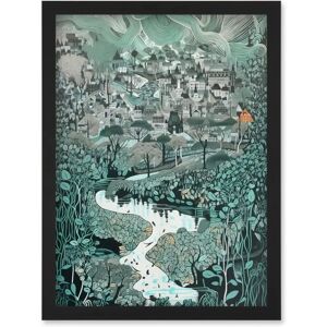 Artery8 - Village Near River - Linocut Art - Framed Art Artery8 - Village Near River - Linocut Art - Framed Art
