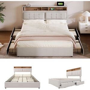 Lit ModernLuxe avec 4 tiroirs & USB - 160x200cm - Lin Beige Lit ModernLuxe avec 4 tiroirs & USB - 160x200cm - Lin Beige