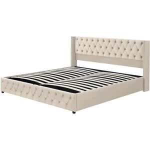 MERAX Lit Double Velours Beige - Style Chesterfield MERAX Lit Double Velours Beige - Style Chesterfield
