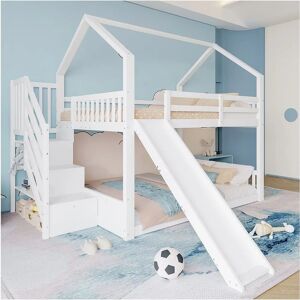 Merax - CabaneLit 140x200 - Blanc - Pin MDF - Lit superposé avec toboggan Merax - CabaneLit 140x200 - Blanc - Pin MDF - Lit superposé avec toboggan