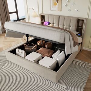 Lit ModernLuxe 140x200cm - avec chargement sans fil et rangement - Lin beige Lit ModernLuxe 140x200cm - avec chargement sans fil et rangement - Lin beige
