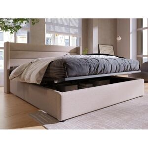 MERAX Bed 160x200cm - Linnen, Gepoederde hoofdeinde, Opbergruimte MERAX Bed 160x200cm - Linnen, Gepoederde hoofdeinde, Opbergruimte