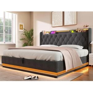 ModernLuxe - Lit coffre 160x200cm lin - Grijs - LED USB-C - Bedframe met opbergruimte ModernLuxe - Lit coffre 160x200cm lin - Grijs - LED USB-C - Bedframe met opbergruimte