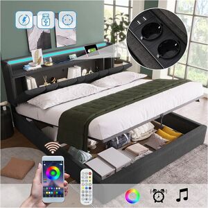 MERAX Bed met opbergruimte - 160x200cm, LED, USB, Grijs MERAX Bed met opbergruimte - 160x200cm, LED, USB, Grijs