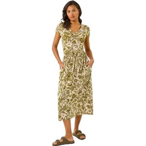 Roman Khaki Floral Midi Dress - V-neck, Ruching, 126cm Roman Khaki Floral Midi Dress - V-neck, Ruching, 126cm