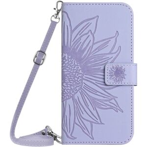 MOBILCOVERS.DK Læder flipcover til iPhone 15 med pung & rem - Solsikke indgravering - Lys lilla MOBILCOVERS.DK Læder flipcover til iPhone 15 med pung & rem - Solsikke indgravering - Lys lilla