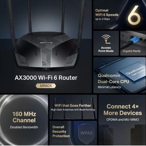 Mercusys MR80X Dual Band AX3000 Gigabit Router - Wireless Mercusys MR80X Dual Band AX3000 Gigabit Router - Wireless