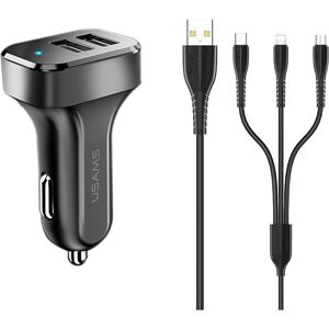 Usams Auto-Ladegerät - Dual USB 2.1A 3-in-1 MicroUSB USB-C Lightning - Schwarz Usams Auto-Ladegerät - Dual USB 2.1A 3-in-1 MicroUSB USB-C Lightning - Schwarz
