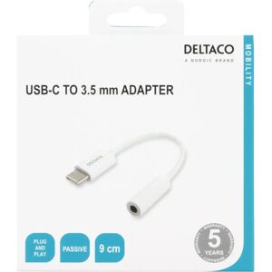 Deltaco White USB-C to 3.5mm Passive Adapter - 9cm - Audio Deltaco White USB-C to 3.5mm Passive Adapter - 9cm - Audio