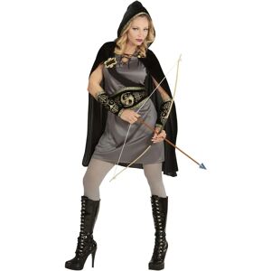 Costume d'archère médiévale pour femme - Robe en satin gris, détails dorés - Publicité Costume d'archère médiévale pour femme - Robe en satin gris, détails dorés - Publicité