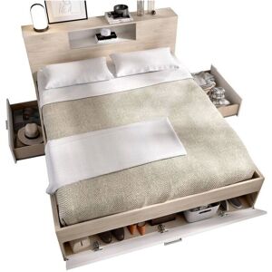 Dmora - Lit doble 150x219 - Blanco y roble claro - Bed Dmora - Lit doble 150x219 - Blanco y roble claro - Bed