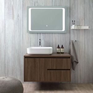 Kiamami Valentina - Mueble de baño suspendido con espejo LED táctil de 90 cm - Nogal oscuro Kiamami Valentina - Mueble de baño suspendido con espejo LED táctil de 90 cm - Nogal oscuro