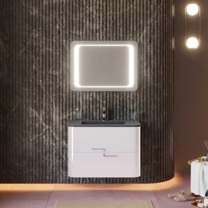 Kiamami Valentina - Meuble de salle de bain suspendu 80cm blanc, lavabo noir mat, miroir LED Hollywood - Publicité Kiamami Valentina - Meuble de salle de bain suspendu 80cm blanc, lavabo noir mat, miroir LED Hollywood - Publicité