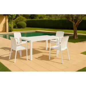 Conjunto de salón exterior DMORA Roccaraso - Para interior y exterior, Mesa rectangular, 4 sillas apilables Conjunto de salón exterior DMORA Roccaraso - Para interior y exterior, Mesa rectangular, 4 sillas apilables