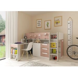 Lit superposé multifonction avec bureau et rangement - Rose, Naturel - Publicité Lit superposé multifonction avec bureau et rangement - Rose, Naturel - Publicité