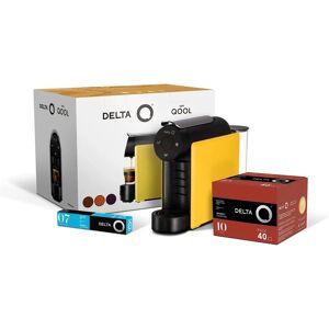 Żółty ekspres do kawy Mini Qool Delta Q z 40 kapsułkami Qalidus i 10 Decaf - Tylko do Delta Q Żółty ekspres do kawy Mini Qool Delta Q z 40 kapsułkami Qalidus i 10 Decaf - Tylko do Delta Q