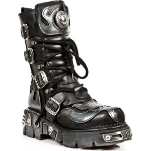 New Rock Black/Silver Flame Leather Biker Boots - Leather Mid-Calf Shoes New Rock Black/Silver Flame Leather Biker Boots - Leather Mid-Calf Shoes