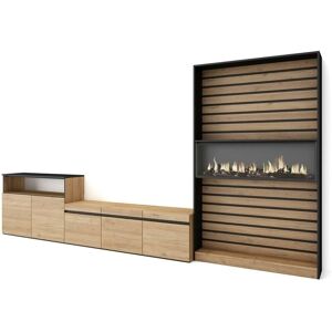 Unidad de Pared Skraut Home - Mueble de Salón Moderno - 360x186x35cm - Para TV hasta 65" - Chimenea eléctrica - Estilo Moderno - Roble y negro Unidad de Pared Skraut Home - Mueble de Salón Moderno - 360x186x35cm - Para TV hasta 65" - Chimenea eléctrica - Estilo Moderno - Roble y negro