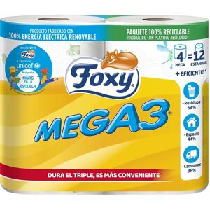 Foxy Mega3 Papel Higiénico - Duración Triple - 4 Rulos Foxy Mega3 Papel Higiénico - Duración Triple - 4 Rulos