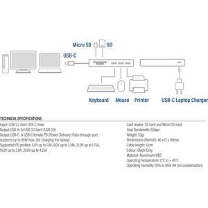 ACT Merk USB-C Hub & Kaartlezer - Grijs - 3 USB-A, 1 USB-C - 55W PD ACT Merk USB-C Hub & Kaartlezer - Grijs - 3 USB-A, 1 USB-C - 55W PD