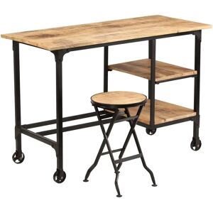 vidaXL Mango Wood Desk with Folding Stool - Desk vidaXL Mango Wood Desk with Folding Stool - Desk