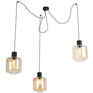 QAZQA Qara Amber Glass Black 3-Light Hanging Lamp - Lighting QAZQA Qara Amber Glass Black 3-Light Hanging Lamp - Lighting