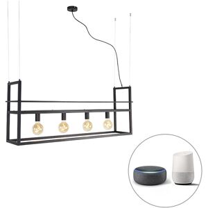 QAZQA Industrial Black Smart Hanging Lamp with Rack - 4-Light WiFi G95 QAZQA Industrial Black Smart Hanging Lamp with Rack - 4-Light WiFi G95